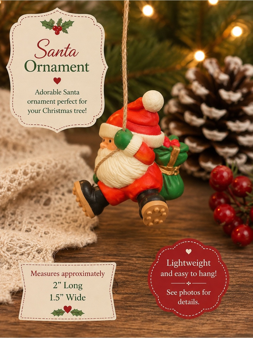 Source Unknown Santa Ornament in Red, Green & White